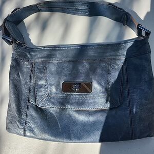 BCBG Maxazria Y2K Blue Leather Shoulder Bag Satchel Purse Zipper Front Pocket